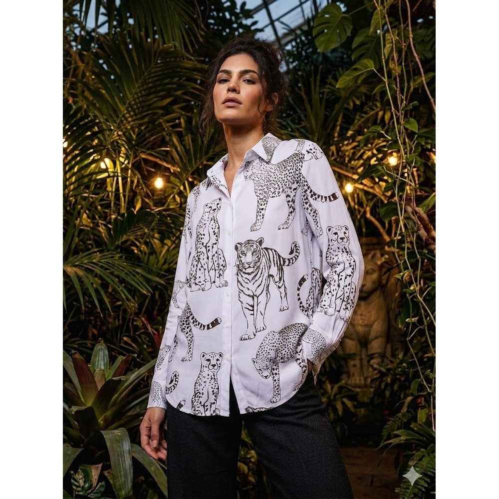 Jane Delancey Cheetah Tiger Print Button Down Blouse White 1X Whimsigoth Safari
